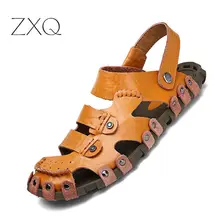 Высокое качество кожаные мужские сандалии летние римские закрытым носком Природа кожа Открытый Для мужчин пляжные тапочки Удобная обувь