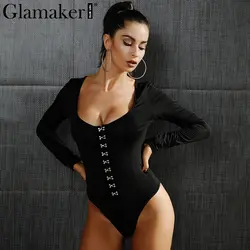 Glamaker сексуальный длинный рукав с низким вырезом Боди женские топы черный заклепки повседневный комбинезон для фитнеса комбинезон