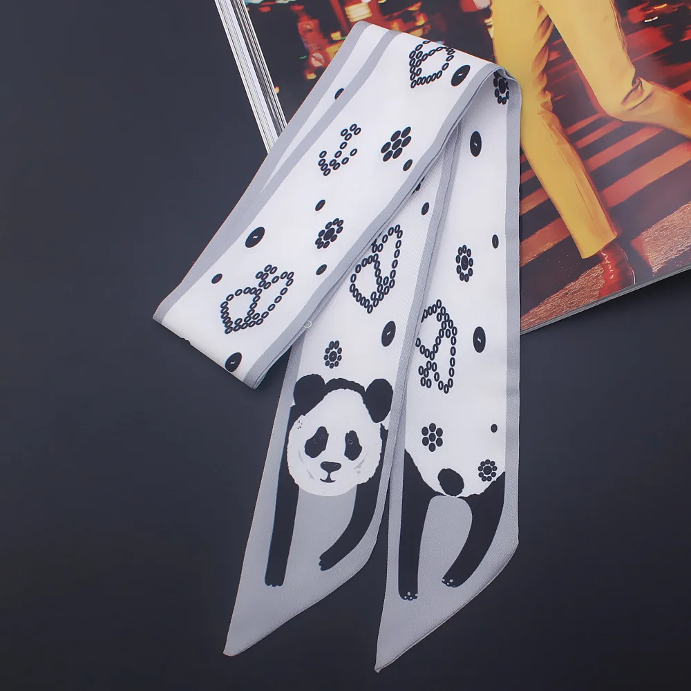 2018 New Design  Animal panda tiger dog  rabbit Silk Scarf Women Brand Scarf Handle Bag Ribbons headband Handle Bag wholesale 4