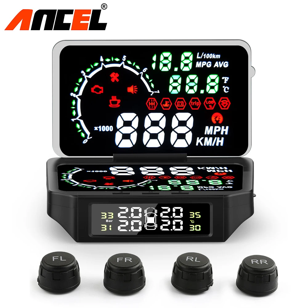 

Ancel Enhanced TPMS Pressure Monitoring System With OBD2 Car HUD Head Up Display Speed Temperature Fuel Consumption Display