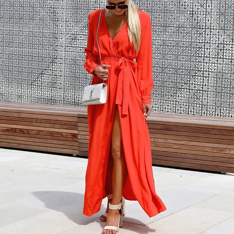 

2018 New Fashion Women Long Dress Sexy V Neck Long Sleeve Lace Up Split Maxi Dresses Autumn Winter Casual Dress Vestido Female
