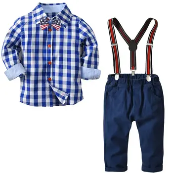 

Baby Boys Red Blue Plaid Clothes Sets 2018 Kids Bow And Shirt And Overalls Children Autumn Clothing Sets For 80-130CM