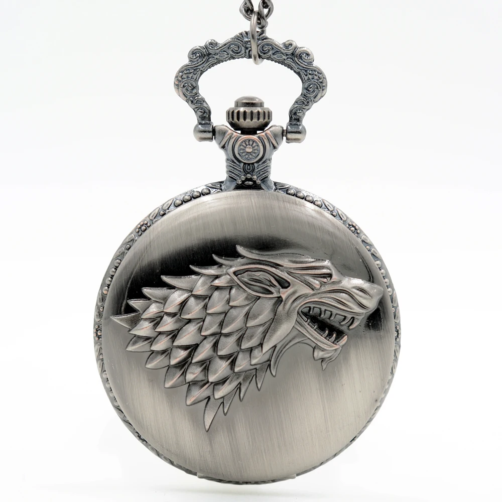 

Silver Gray Winter is coming Winterfell:House Starks Family emblem Wolf Quartz Pocket Watch Analog Pendant Mens Womens Watches