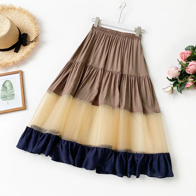 

midi skirt 2019 new Summer Casua female korean patchwork vintage chiffon skirts for women office skirt lace long girls skirts