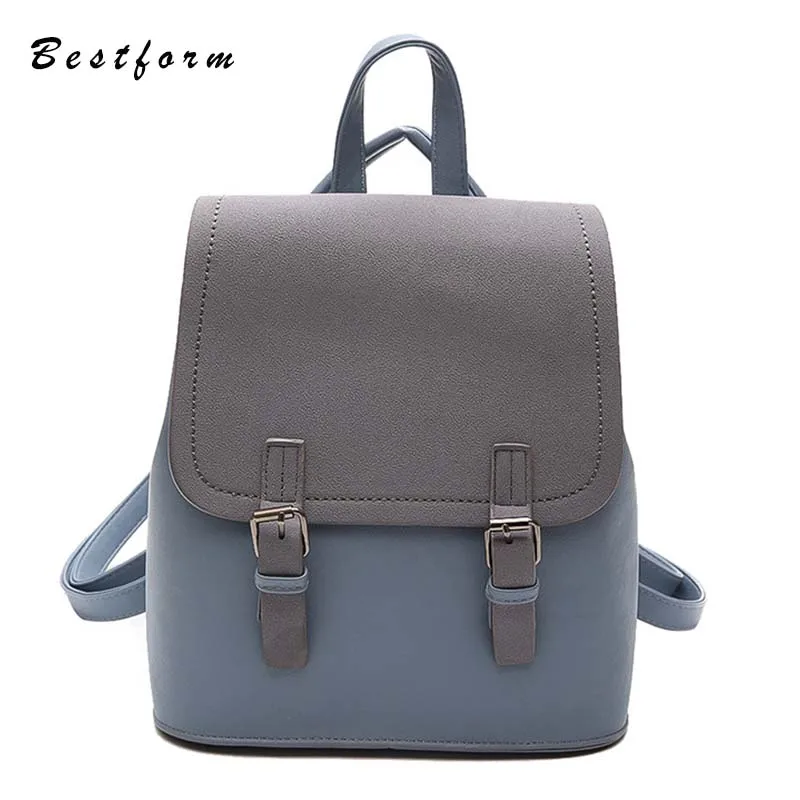 

Korean College Student Backpack Pu Leather Panelled Blue Khaki Travel Backpacks for Teenager Girls Schoolbag Kawaii Backpack