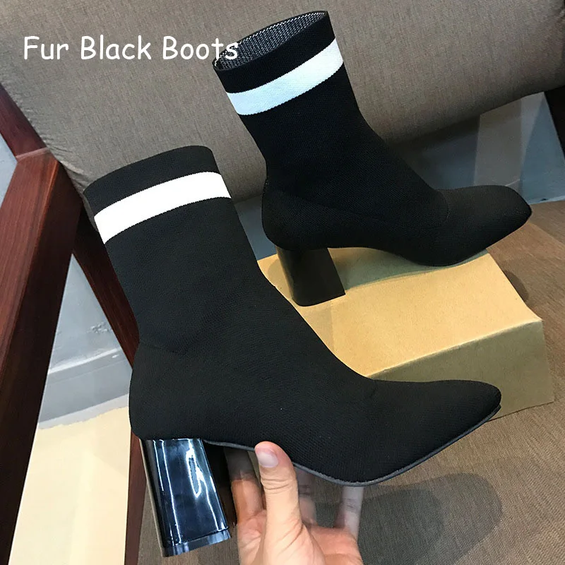 Teahoo/ г.; зимние женские сапоги-носки винно-красного цвета; женские ботильоны с квадратным носком на высоком каблуке; теплые плюшевые зимние сапоги для женщин - Цвет: Fur Black Boots