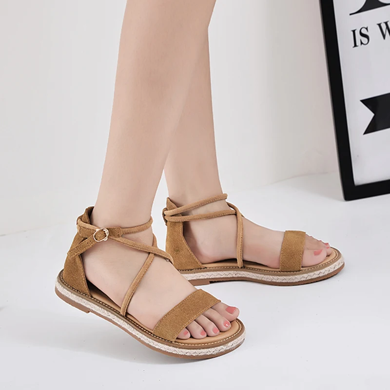 

Women's Leather Flat Sandals Summer Shoes 2019 Roman Style Plus Size 33-42 Female Sandals Non-Slip Woman Summer Beach Shoes