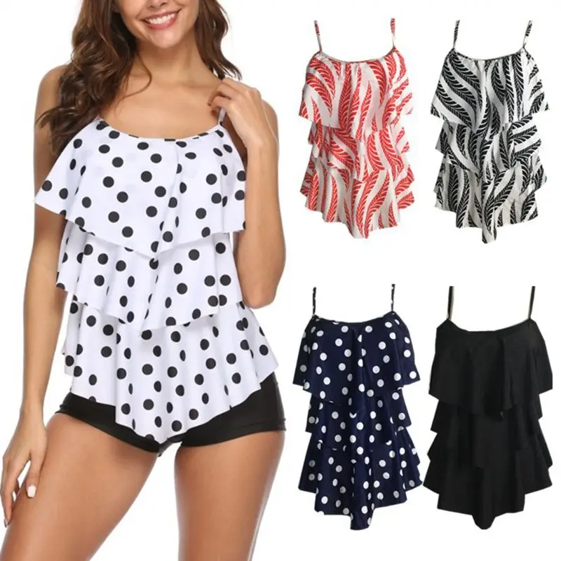 

Plus Size Two-Piece Tankini Set Flounce Ruffles Polka Dot Leaves Printed Loose Tank Top Quick Dry Boyshorts Bottoms Swimsuit