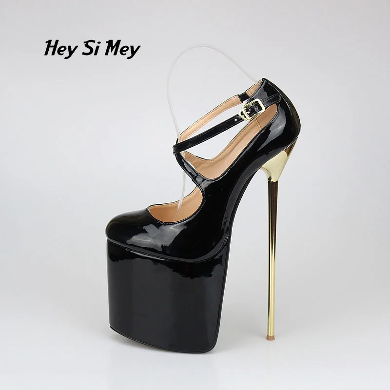 

Queen Style 22cm Cross with Wrist strap super high thick soles round toe metal heels big yards -8.5-20
