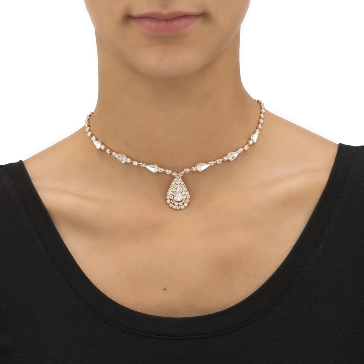 Pear-Cut Crystal 3-Piece Halo Necklace, Earrings and Bracelet Set in Rose Gold Tone 13-17 (1)