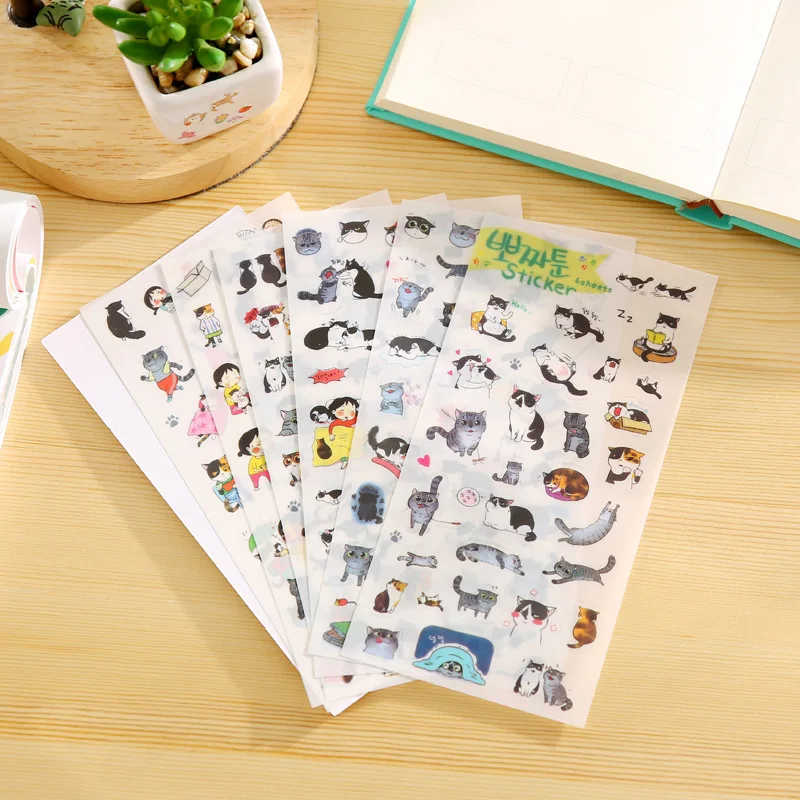 

6 X Korea Stationery Wholesale Cute Cat Transparent Background Sticker Diary Decorative Stickers Scrapbook Paper Diary Stickers