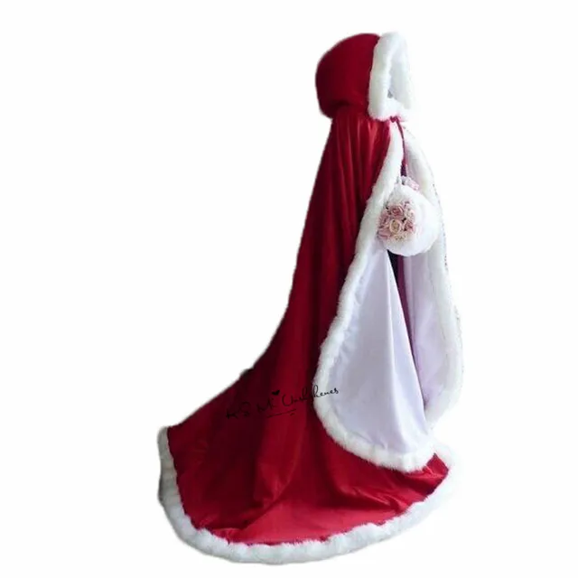 Disc Winter Fur Trim Christmas Red Bridal Cape Wedding Cloak Wrap Stole Wedding Cloaks Hooded Long Party Wraps Jacket