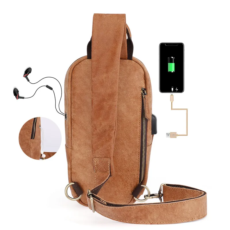 

Nesitu Brown Genuine Leather Men Messenger Bags Real Skin Male Chest Bag with Headphone Hole USB Charging Interface M6398