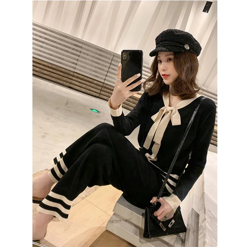 

New Korean version with bow tie top wide leg pants female small fragrance style women two piece outfits