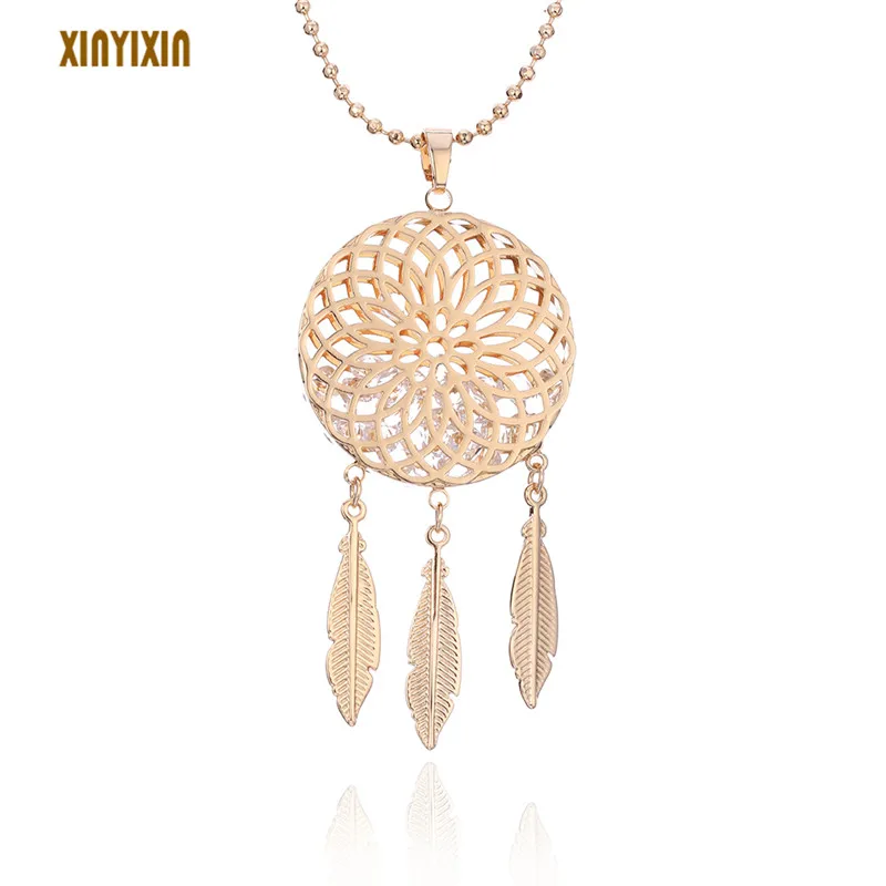 

Gold Dream catcher Long Necklace for Women Hollow Inside Crystal Flower Round Tassels Pendant Necklace Statement Jewelry 3 Color