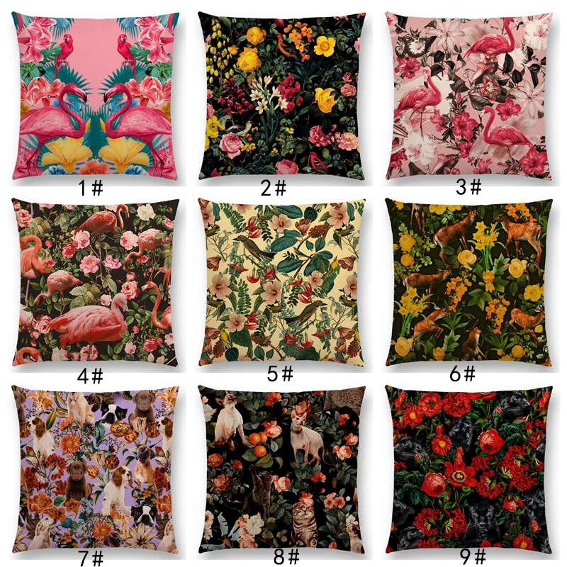 

Latest Animals Floral Prints Flamingo Cat Dog Birds Deer Panther Toucan Tropical Vintage Sofa Throw Pillow Case Cushion Cover