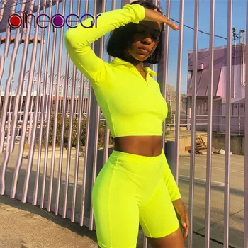 

PinePear Fluorescent Green Long Sleeve Crop Top + Shorts 2 Piece Sport Set Women Sportswear Gym Wear Yoga Suit 2019 Dropshipping