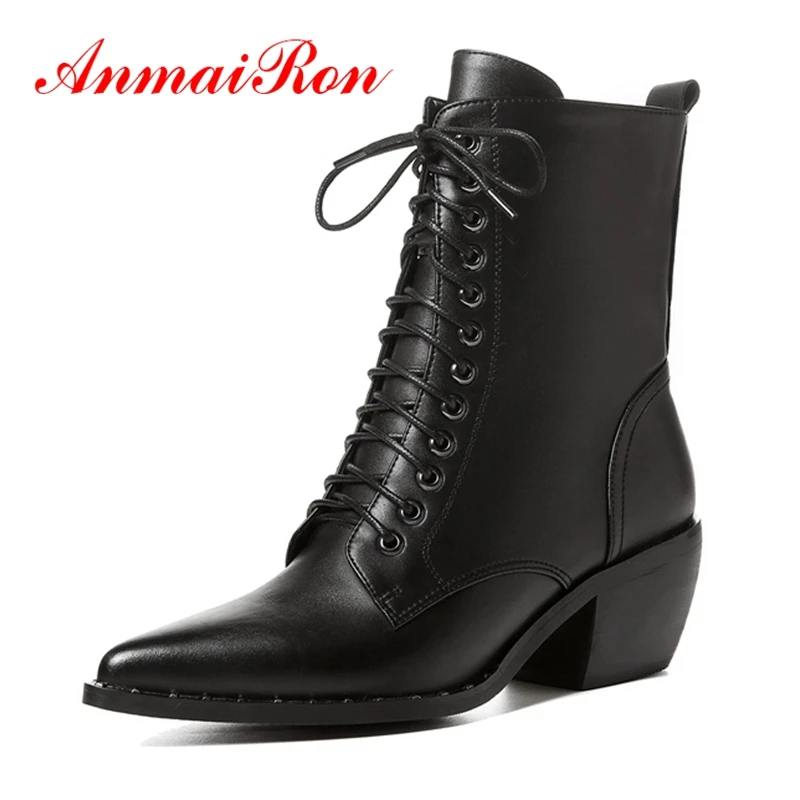 

AnmaiRon New Arrival women lace up pointed toe ankle boots lady fashion high heel botas mujer Size 34-39 ZYL1263
