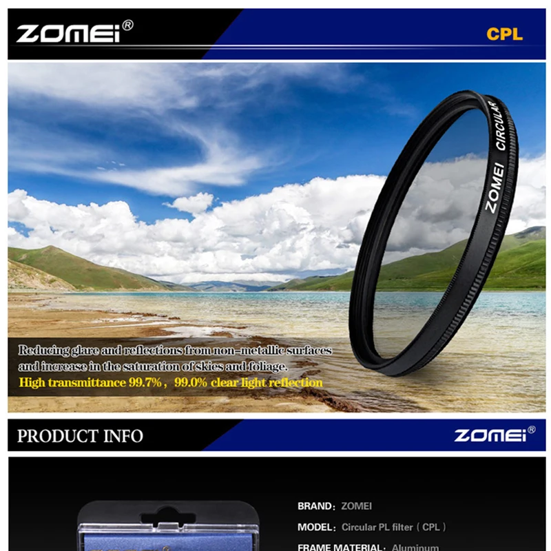 Zomei 49 мм 52 55 58 67 77 cpl фильтр для Canon Nikon D5300 D5500 DSLR Объективы Аксессуары объективов d5100
