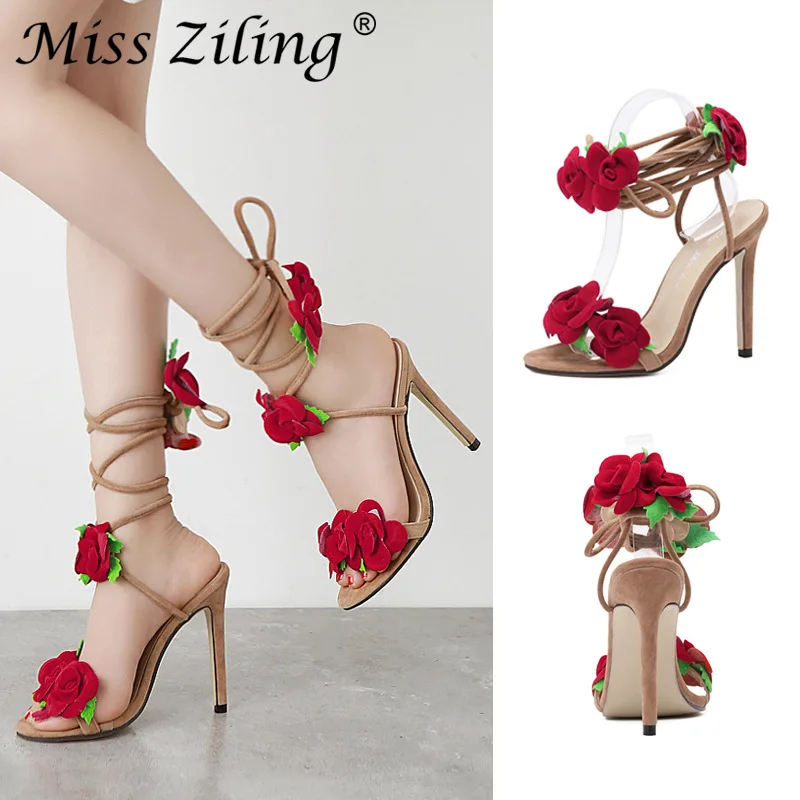 

Rose Flower Cross Bandage Fashion Brand High Heels Women Sandals Pumps Thin Heel Lace-Up Women Bridal Wedding Shoes