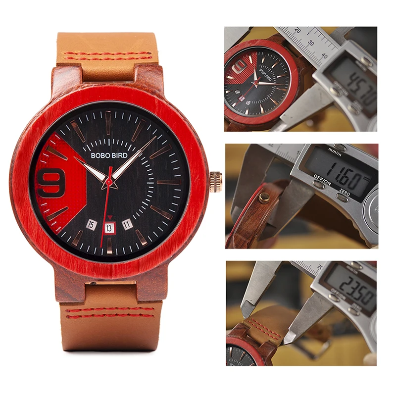 BOBO BIRD Men Wooden Watches Date Display Relogio Masculino Wristwatch Leather Strap Timepieces Men's Gifts Items W-iQ20