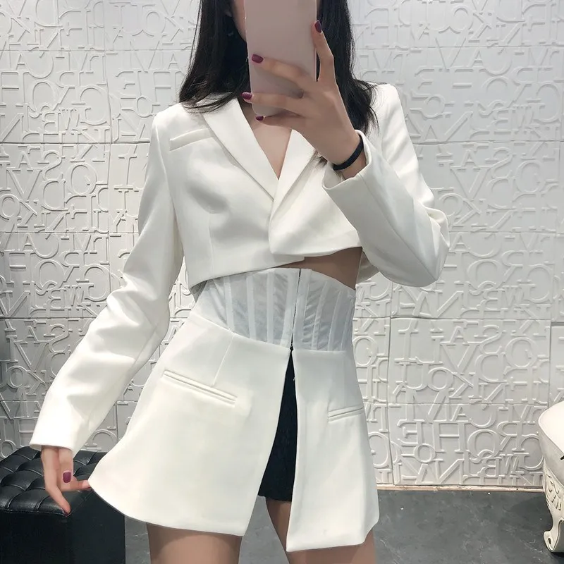 Hot Sale Spring 2019 Fashion Ol Long Sleeve Women Blazer Female Lapel Tunic Patchwork White Suit