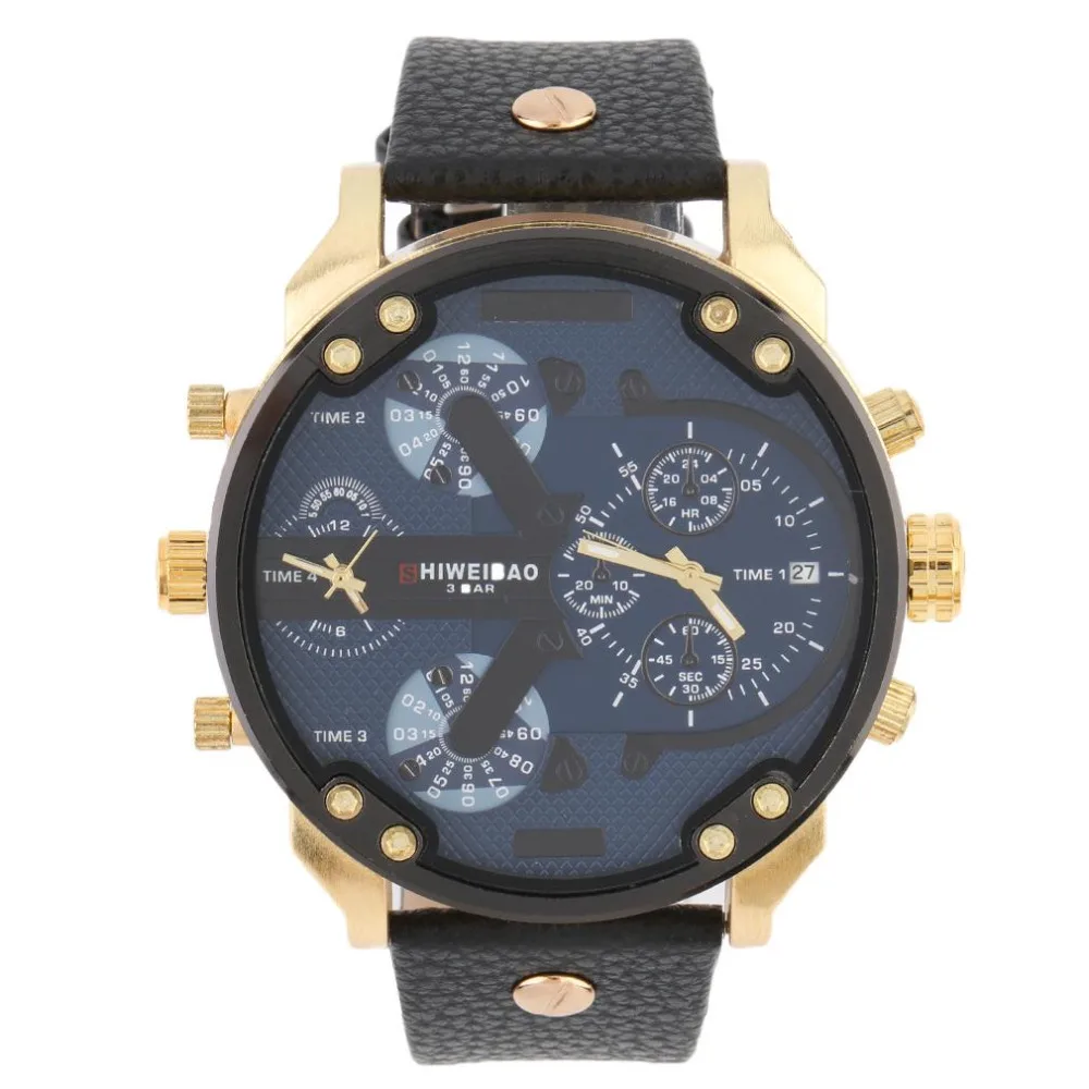 SHIWEIBAO мужские часы с двойным кварцем Movt золотые часы наручные часы с большим циферблатом Брендовые спортивные военные кварцевые часы Relogio Masculino - Цвет: Leather Black Blue