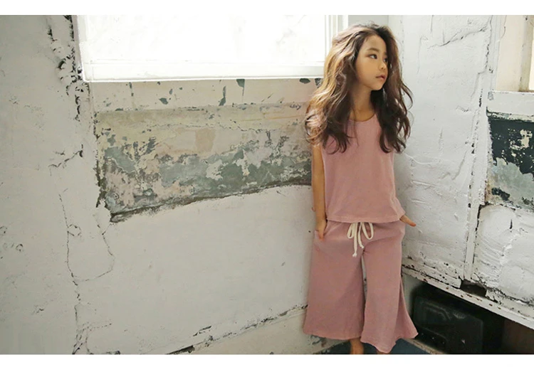 Casual Kids Clothes Suit For Teenage Girls Clothing set 2019 Summer Solid Vest Tshirt Pants 2-piece Soft Cotton Children Outfits (11)