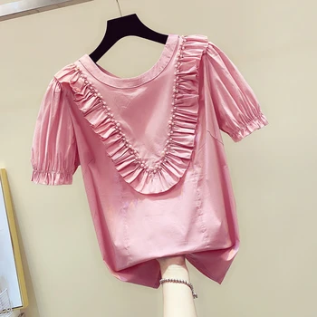

2019 Summer New Lotus Leaf Side Nailed Pearl Shirt Womens Sweet Bubble Short-sleeved t-shirt Ladies Loose Leisure Tops Students