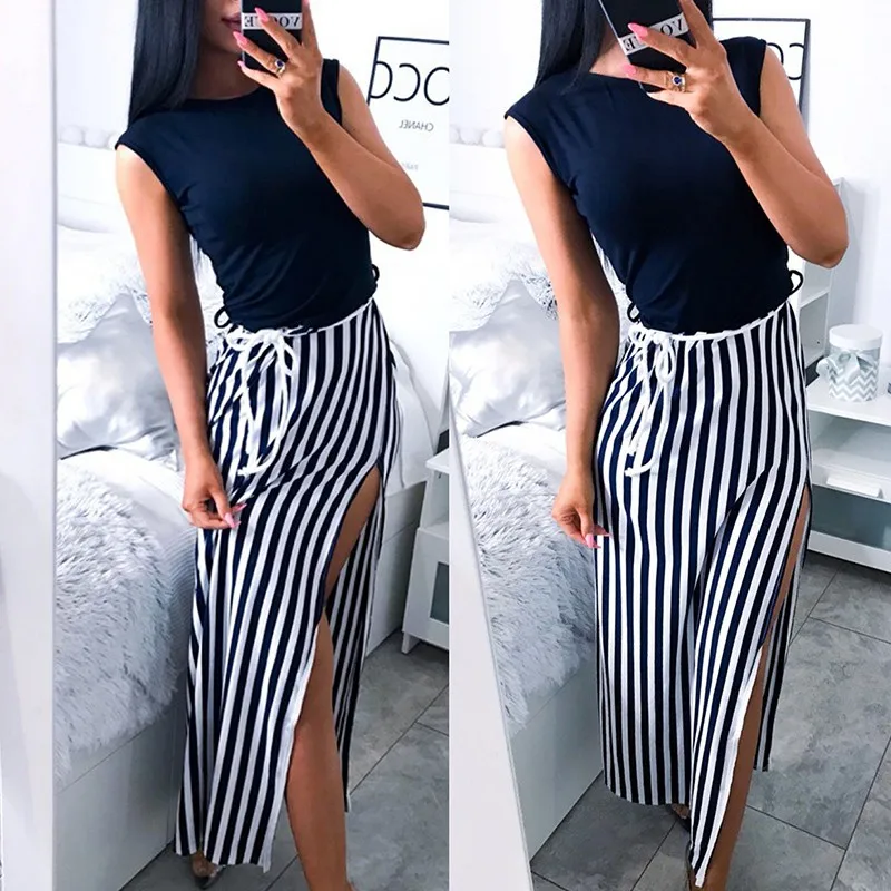 

BEFORE 2019 Fashion Sleeveless Lace Up Striped Stitching Long Dress Women Summer Casual Dress Ladies Streetwear Dresses