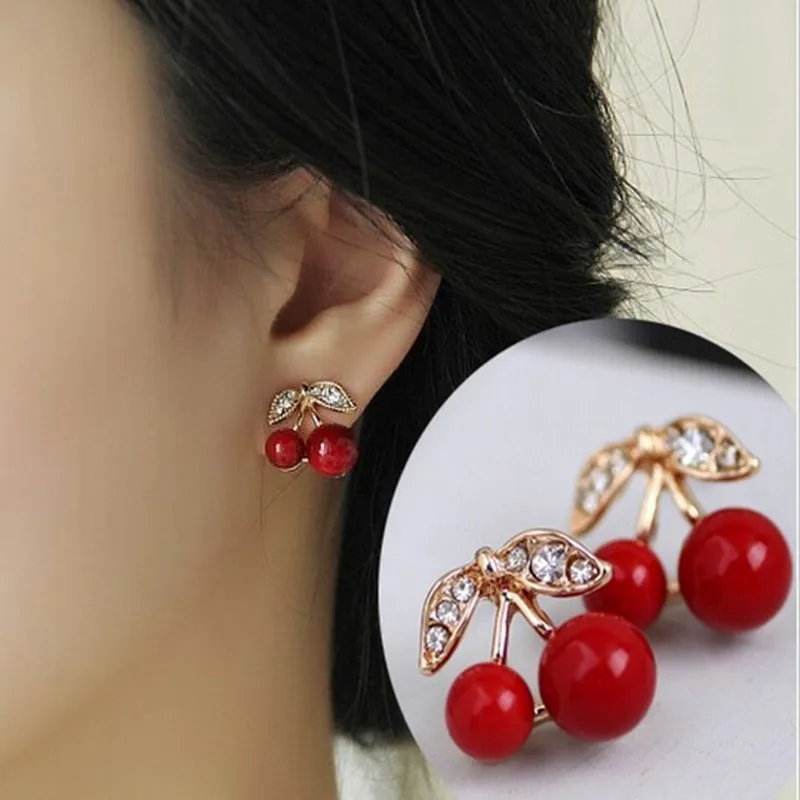 

Lusion Jewelry 2016 New Design Good Quality Small Cute Rhinestone Cherry Stud Earrings For Woman Hot Sale Earrings Gifts