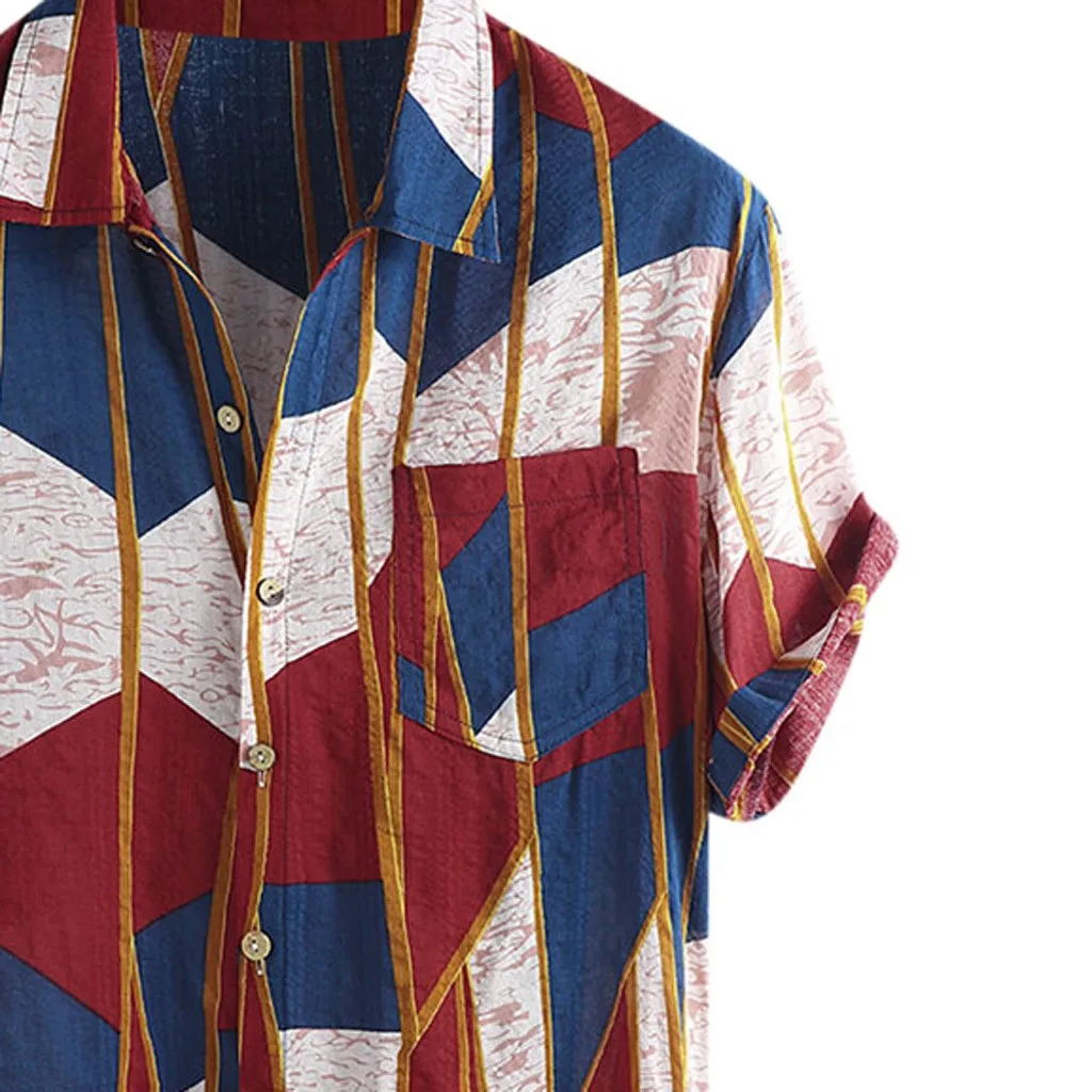 Мужские рубашки в народном стиле, винтажный геометрический узор, сорочка, цветная, летняя футболка с карманом, круглая оторочка, свободная
