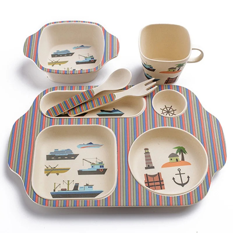Pratos de Bambu Louça de Alimentação Recipiente de Alimentos Crianças Infantil Louça Garfo Colher Copo Criança Tigelas Utensílios T0525 16 alimentação infantil louça garfo colher copo criança