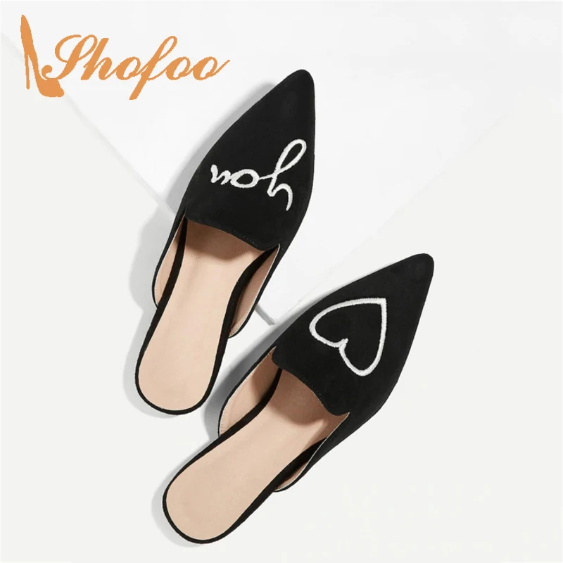

Embroider Heart-Shaped Pointed Toe Shallow Flat Mules Woman Slip On Large Size 11 12 For Ladies Spring Footwear Fashion Sweet