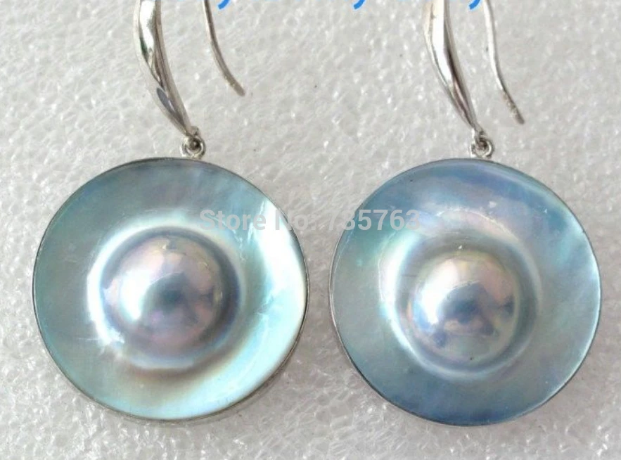 

xiuli 00265 AAA 23mm Blue Gray Rainbow Mabe Blister Pearl Earrings 925 Silver Hook