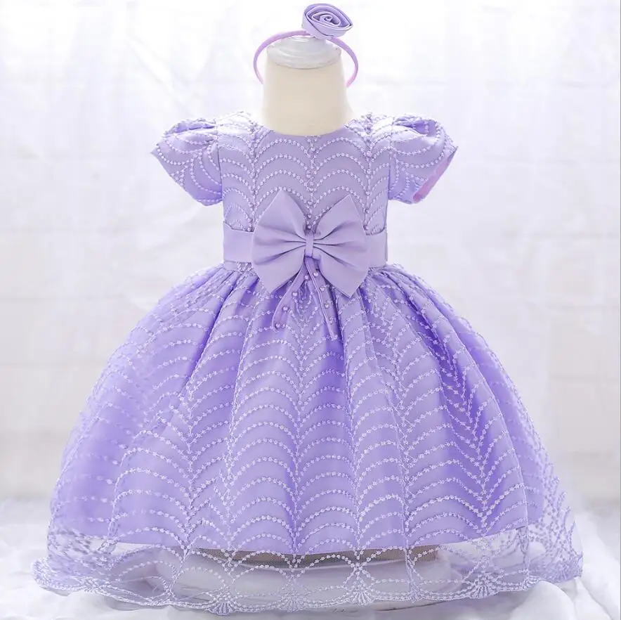 1PC Pink Purple Baby Girl Princess Dress Bowknot Beads Birthday Party