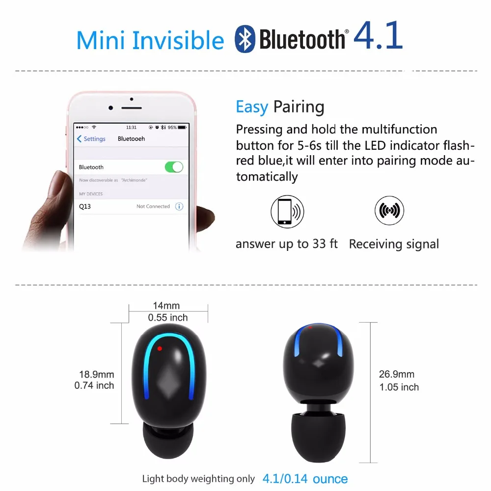 Q13 мини беспроводные Blluetooth Наушники V4.1 наушники гарнитура Handsfree с микрофоном для