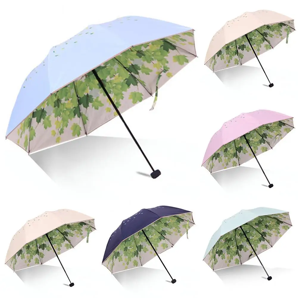 

3-Fold Outdoor Green Tree Leaf Umbrellas Dual-Layer Anti-UV Rain Umbrella Double Print Folding Parasol Rain Gear