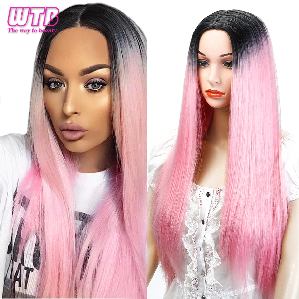 WTB 28 Inch Long Straight Ombre Pink Wigs Heat Resistant Synthetic Two