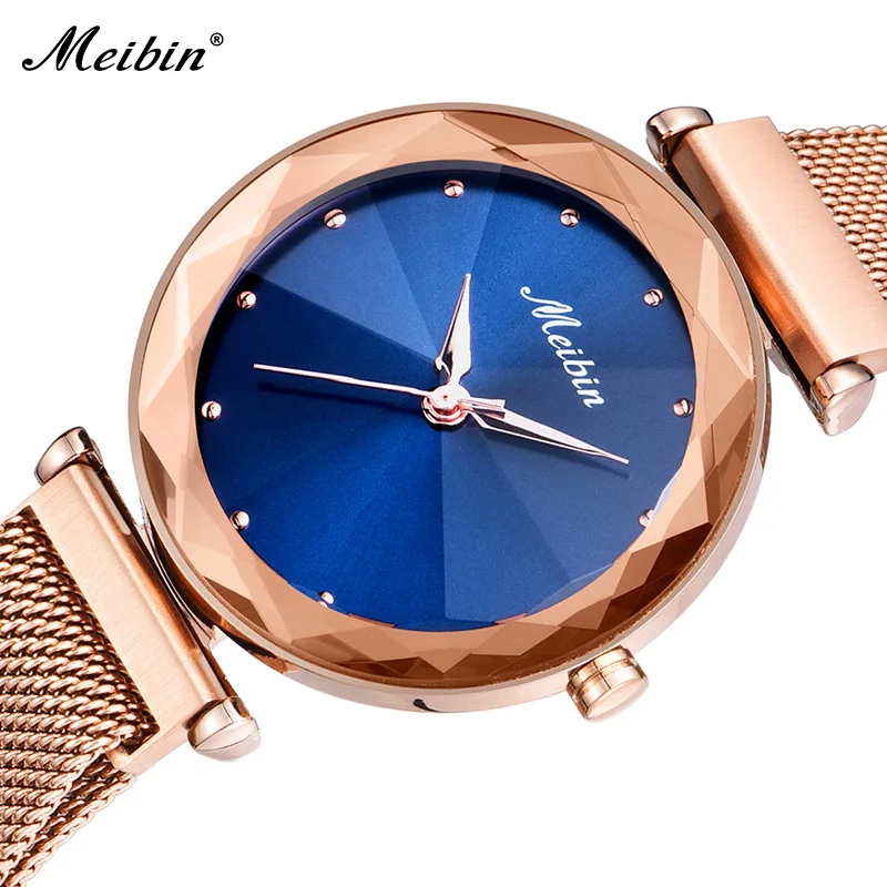 

Fashion Women Wrist Watches MEIBEN Brand Stainless Steel Mesh Rhinestone Watches For Women Clock Relogio Feminino