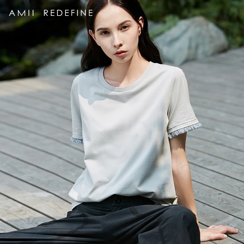 AMII REDEFINE T-shirt Summer 2018 Causal Tassel Short Sleeve O-neck Plus Size Female Tee Top | Женская одежда
