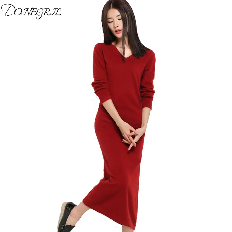 

Long Sweater Dresses For Women Autumn Winter Brand Design Size Sheath V-Neck Pullovers Brief Thick Warm Knitting Dress