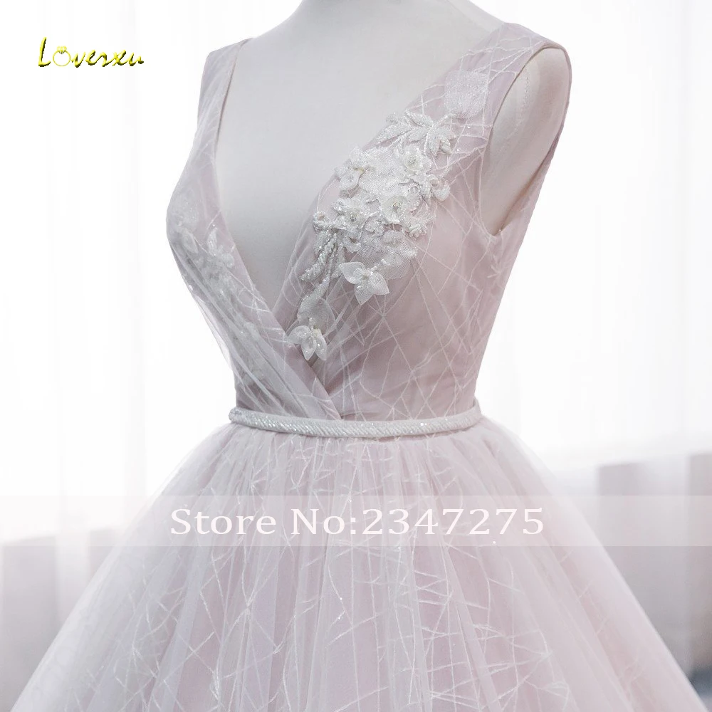 Loverxu Vestido De Noiva, кружевное бальное платье, свадебное платье, сексуальное, с v-образным вырезом, без спинки, с аппликацией из бисера, плиссированное свадебное платье с длинным подолом