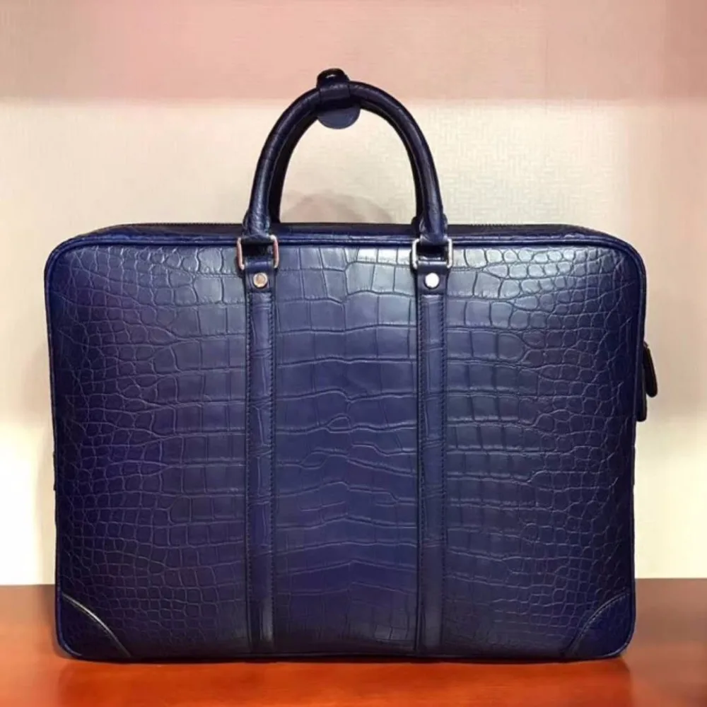 newly production Men's Genuine/Real Crocodile belly Skin Briefcase official Bag, blue Crocodile skin Business Men Bag