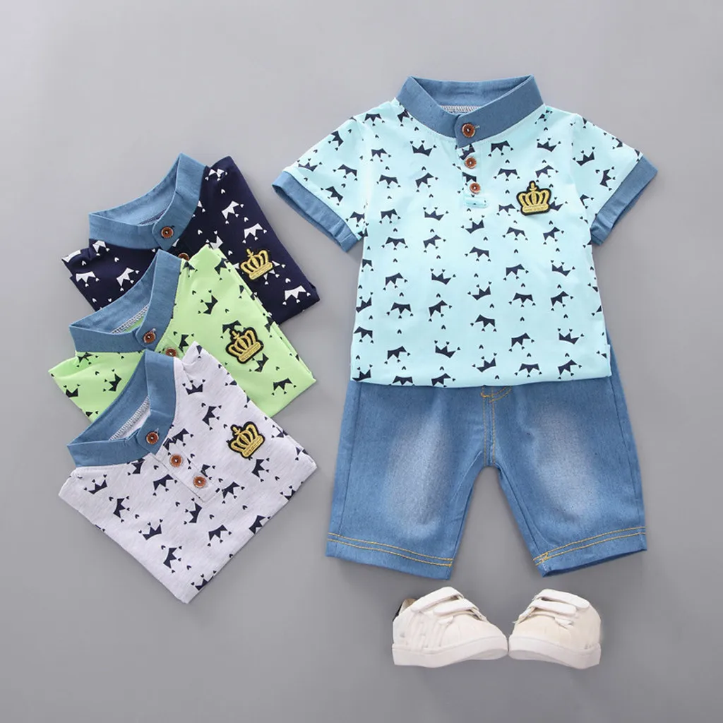 Toddler Boy Clothes Summer Crown T Shirt+ Denim Shorts Pants Sets Outfits Children Baby Clothing For Boys 1 2 3 4 5 Years