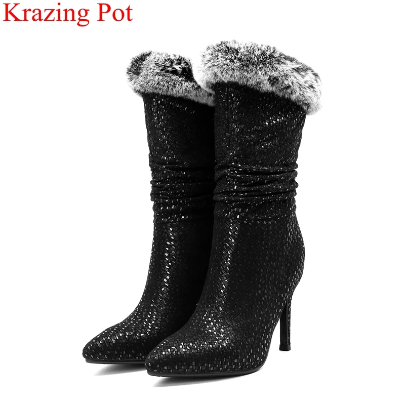 

2018 superstar big size kid suede zipper fur nightclub women mid-calf boots super high office lady concise winter shoes L71