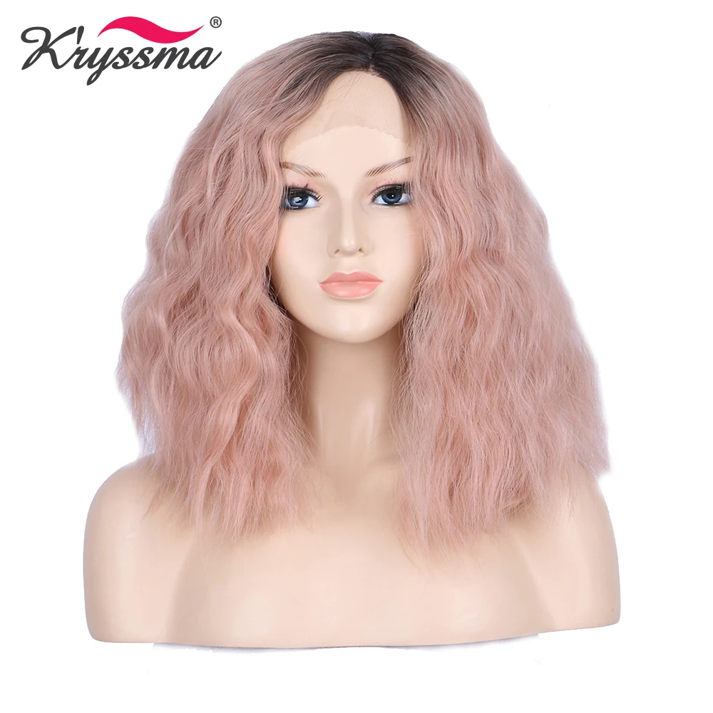 

Pink Curly Wig Short Bob Synthetic Lace Front Wig Two Tones Dark Roots Ombre Wigs for Women for Party Heat Resistant K'ryssma