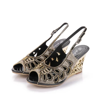

2019 Summer Noble Black Vintage Rhinestone High Heel Fish Mouth Wedge Sandals Wild Fashion Shoes Wedding Shoes 8CM