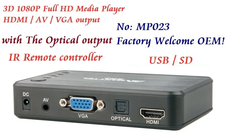 MP023 Высокое качество 3D USB Full HD 1080P HDD медиаплеер HDMI VGA AV оптический HDMI AV USB хост MKV H.264 AVI подарок и