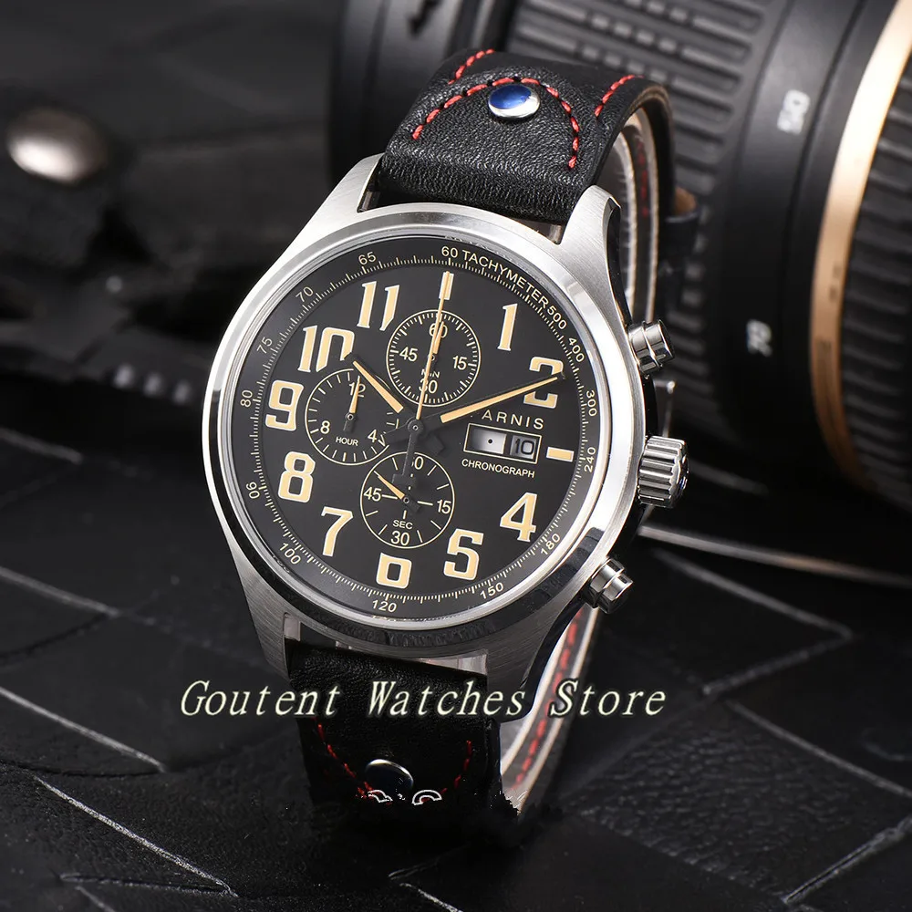 43 мм Parnis дата и День Хронограф Miyota OS00 кварцевые PVD/серебро/розовое золото корпус индикатор мужские часы